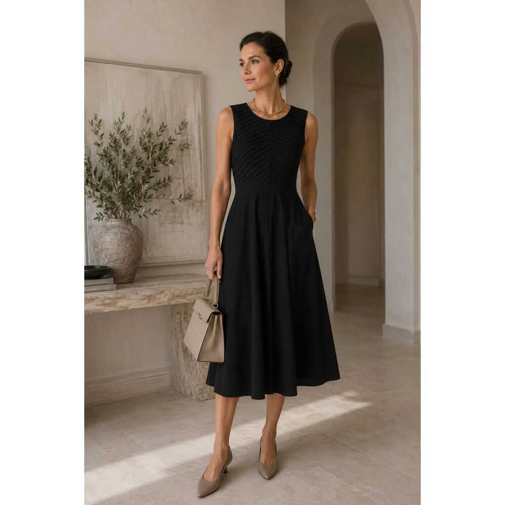 Ellen Tracy Black Cotton Midi Dress Sleeveless Pleated Pockets A-line Womens 10